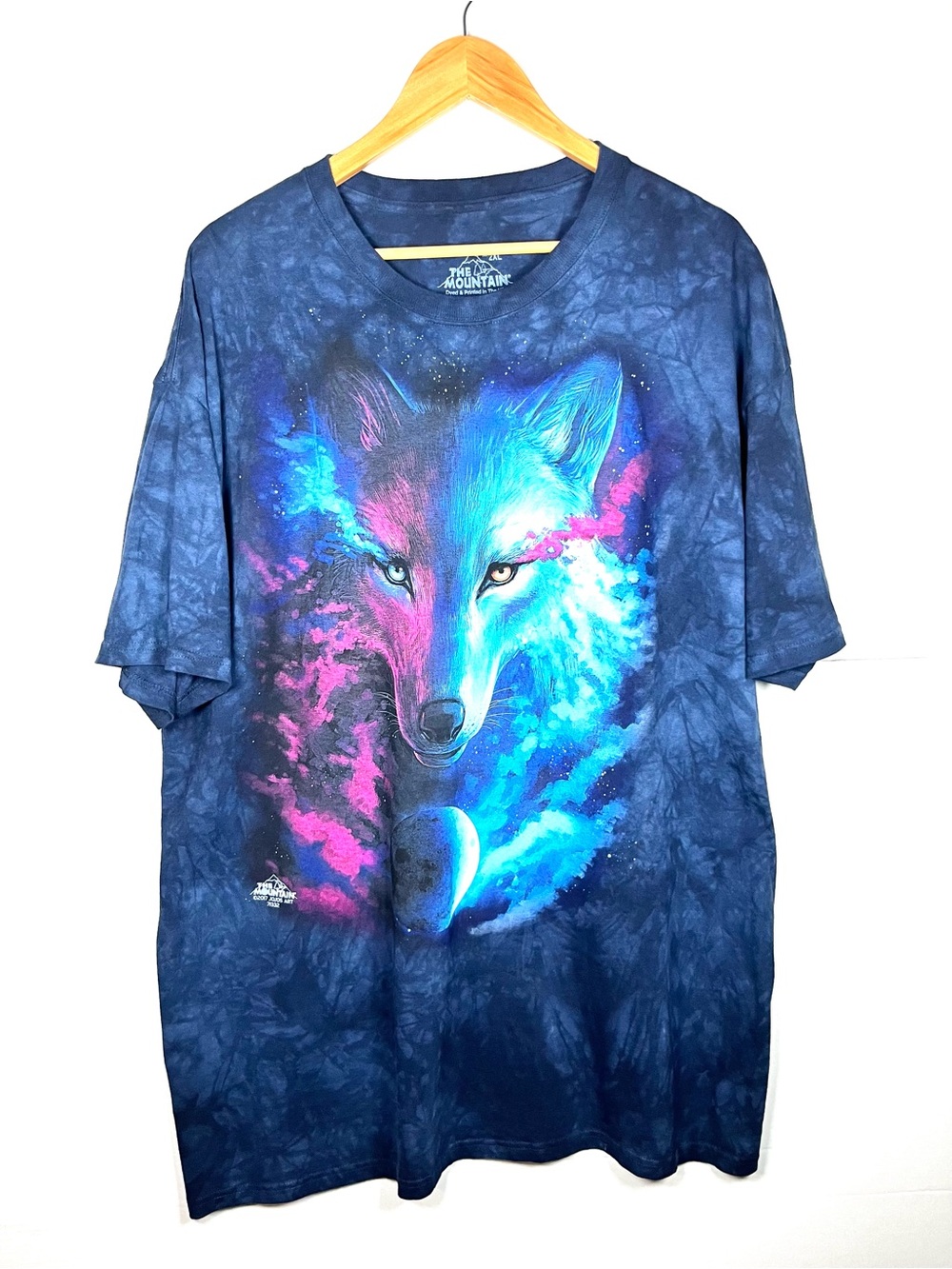 The Mountain Men’s Blue Tie-Dye Wolf Graphic Tee with Pink & Turquoise Accents